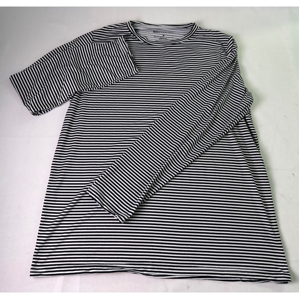 Real Essentials Shirt Mens Medium M Striped Long Sleeve Crewneck Black White